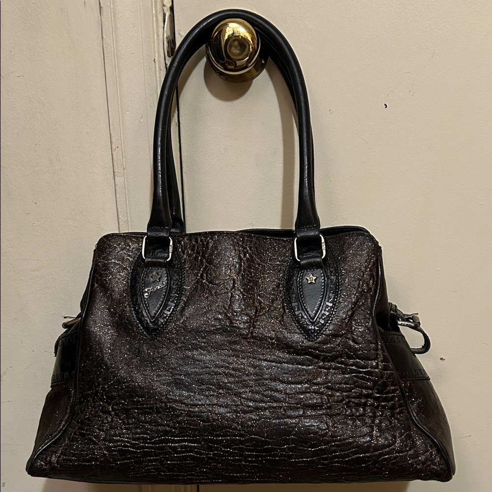 FENDI Metallic Etniko Du Jour Dark Brown Textured Satchel